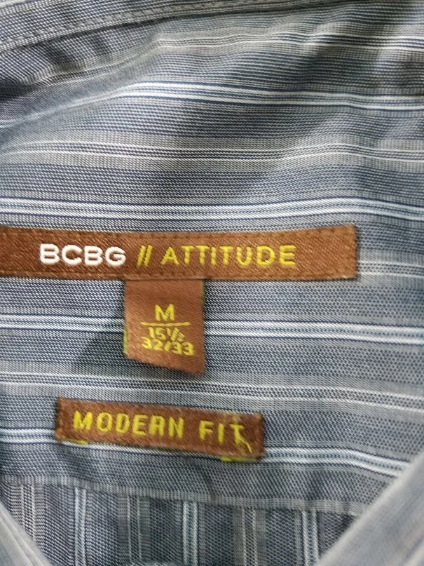 BCBG Attitude Button Up Shirt Men's Medium 15 1/2 32 33 Blue Striped Long Sleeve - Image 4 of 4