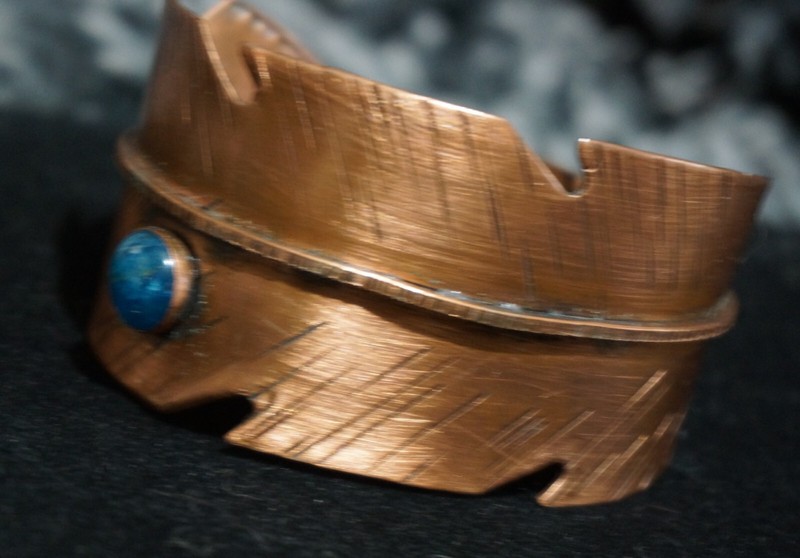 WIDE CUFF BRACELET COPPER FEATHER TURQUOISE