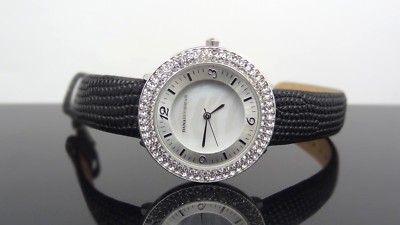 Dana Buchman DB1029KOL Crystals Black Leather Band Silver Tone Women's Watch