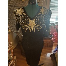 Vintage 80s Black Heavily Beaded with Sequins 100 Silk S/S Dress with V-Neck