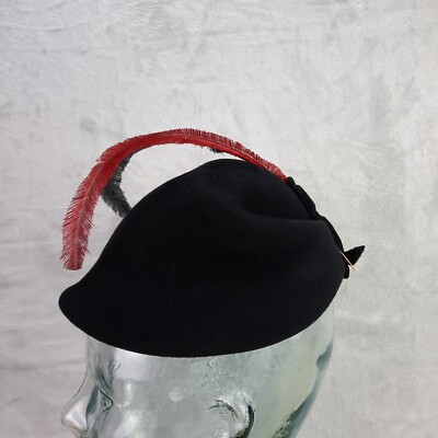 Vintage Fairfeld Felts Black Wool Mad Cap Cloche Flapper Hat Feathers Starling