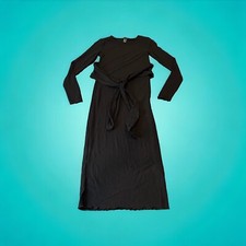 Forever 21 Womens Small Dress Maxi Ribbed Body Con Tie Waist Long Sleeve Black