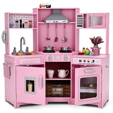 Kids Pink Wooden Pretend Play Kitchen Set Cooking Toy Girl Gift w/ Sound, Light