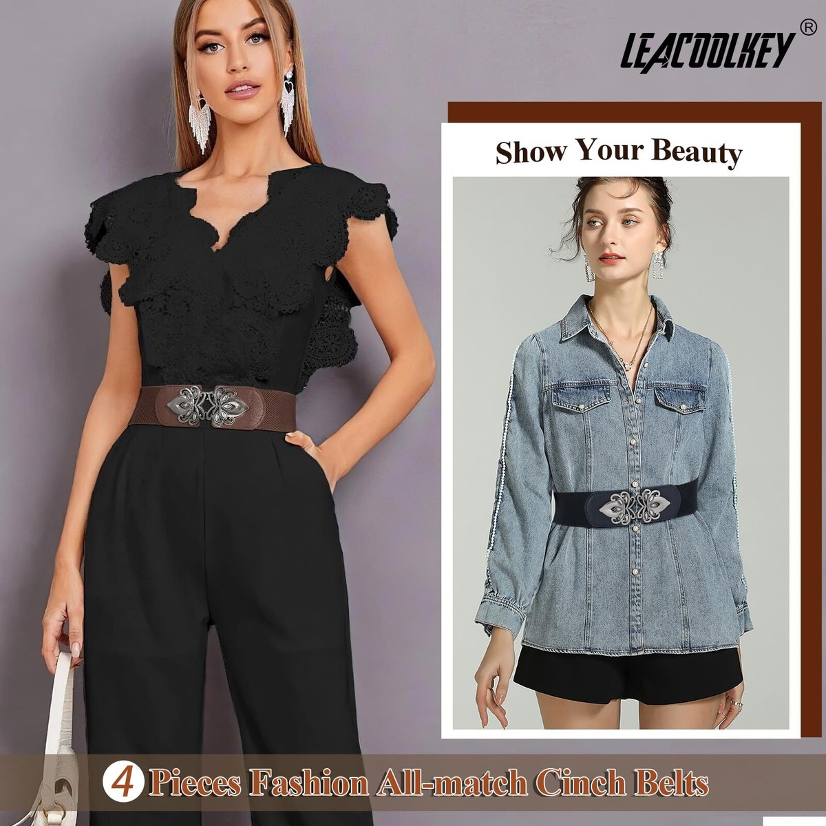2/3/4 Pack Women Vintage Wide Waist Belt for Dress, Elastic Cinch Belt Xtinmee 4 Pieces Plus Size Waist Belts for Women 2 XL Wide  main image 2
