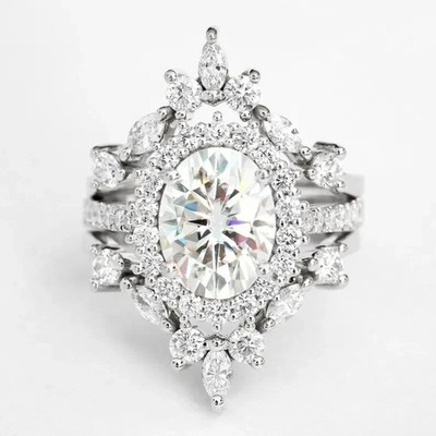 3Ct Art Deco Style Lab Created Oval Diamond Engagement  14K White Gold FN Ring