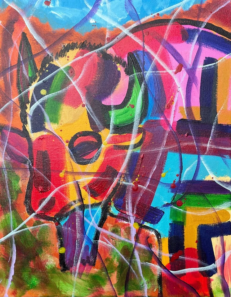 Original "Búfalo Abstracto" 11x14 Lienzo Expresionismo Diseño Abstracto Arte Hogar Foto 2 de 4