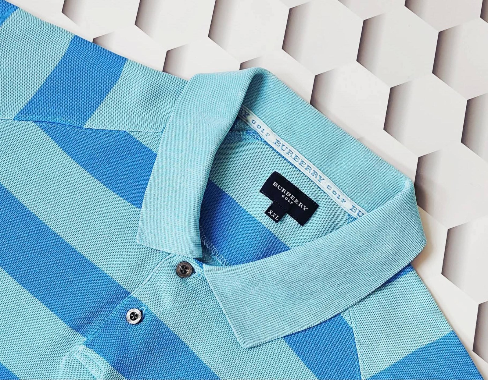 Burberry Golf Polo Vintage 90s Blue Turquoise Stripe XXL Cotton Nova Check VGC image 8