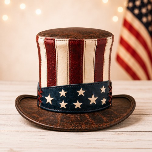 Handmade Leather Top Hat American Flag Patriotic Uncle Sam Western Cowboy Hat