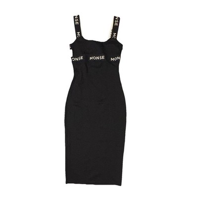 MONSE Black Logo Strap Cutout Stretch Sleeveless Square Neck Midi Bodycon Dress