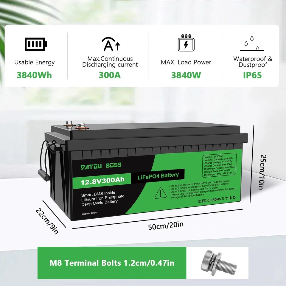12V 300Ah LiFePO4 Lithium Battery BMS RV Marine Solar Home Energy ...