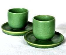 1914 Van Briggle Pottery Matte Green PAIR Handleless Demi Cups & Underplates