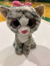 Ty Beanie Boos Kiki Cat Plush Gray 9" Pink Glitter Eyes Tabby Kitten Tag 2016
