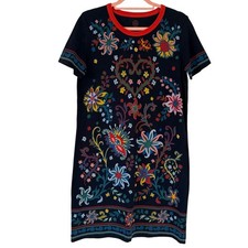 Tory Burch Dress Women Floral Print Pima Cotton Navy Blue Red Trim Shirt Dress S