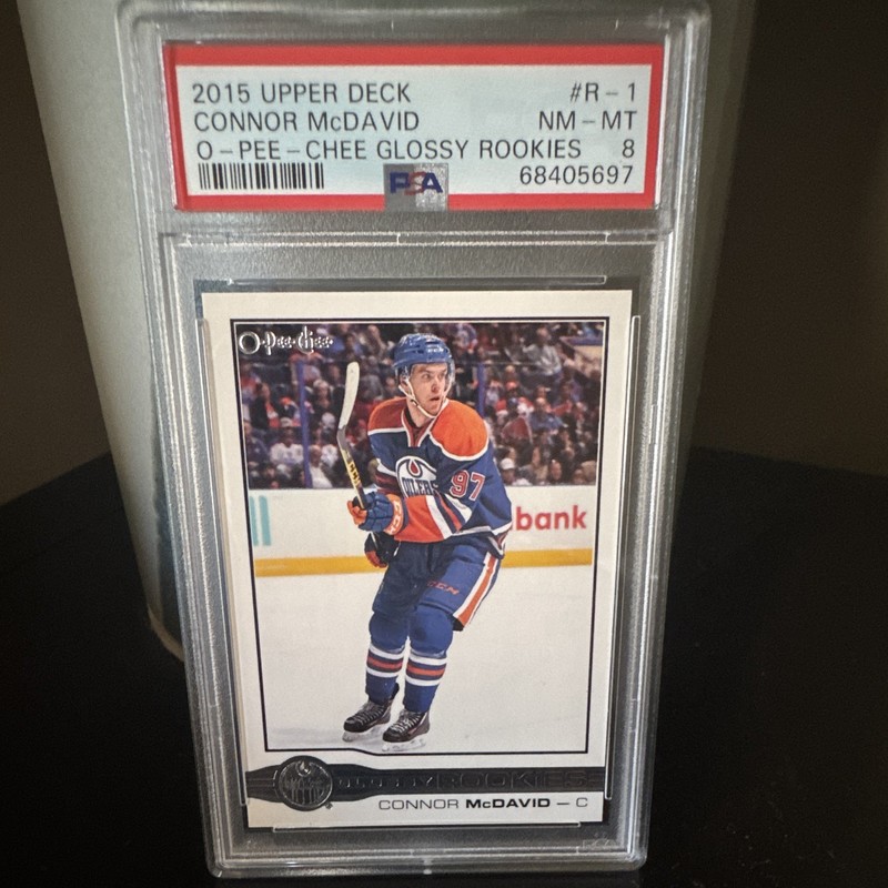 Upper Deck 2015-16 O-Pee-Chee Glossy Rookies R-1 Connor McDavid RC PSA 8