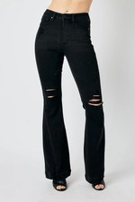 Judy Blue Women  s High Waist Tummy Control Destroyed Black Flare Jeans, Size 16W