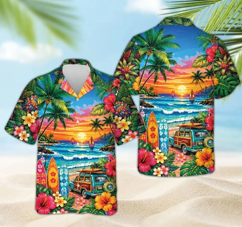 Tropical Beach Hawaiian Shirt, Surfboard Sunset Aloha Shirt