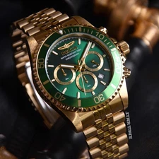 Invicta Mens 43mm Pro Diver TITAN Chrono Green Dial JUBILEE Gold Tone SS Watch