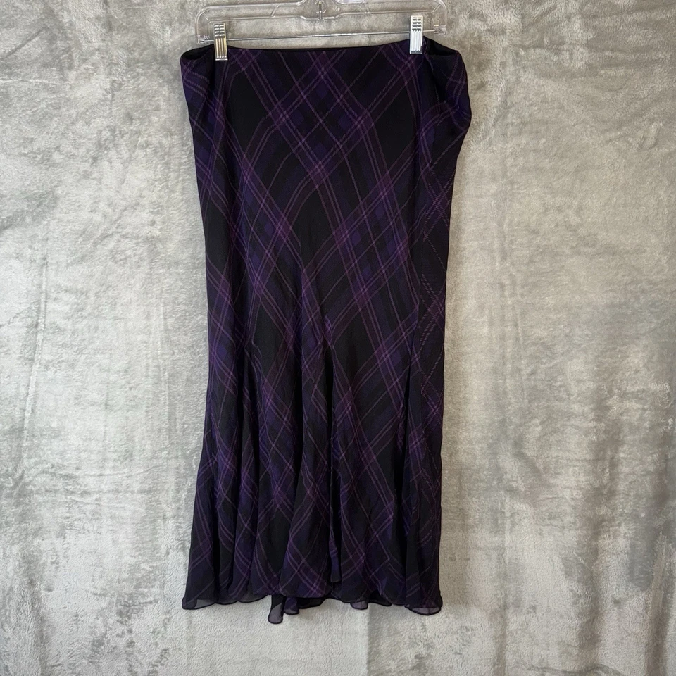 Lauren Ralph Lauren Silk Plaid Midi Skirt Sz 12 Purple Black Gothic Academia - Image 2 of 4