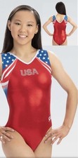GK Elite Shiny Patriotic USA Red Flag Champion Gymnastic Leotard CL 9 10
