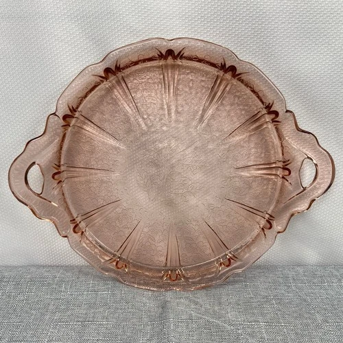 Jeanette Depression Glass Pink Round Handled 12 1/2" Cake Plate Cherry Blossom