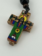 Natural Wood Bead Rosary hand Painted Jesus on Cross Catholic Jewelry 24 Inch
