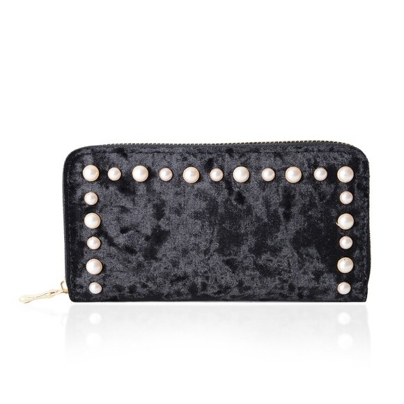 RFID Blocking Women's Black Velvet Wallet with Studded Pearl Accents 7.5x3.5in-image
