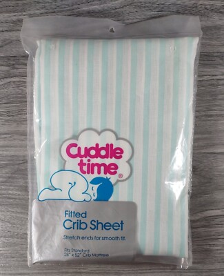 Vtg 80s 90s S-T Designs Cuddle Time Pastel Blue/Teal/White Striped Crib Sheet 