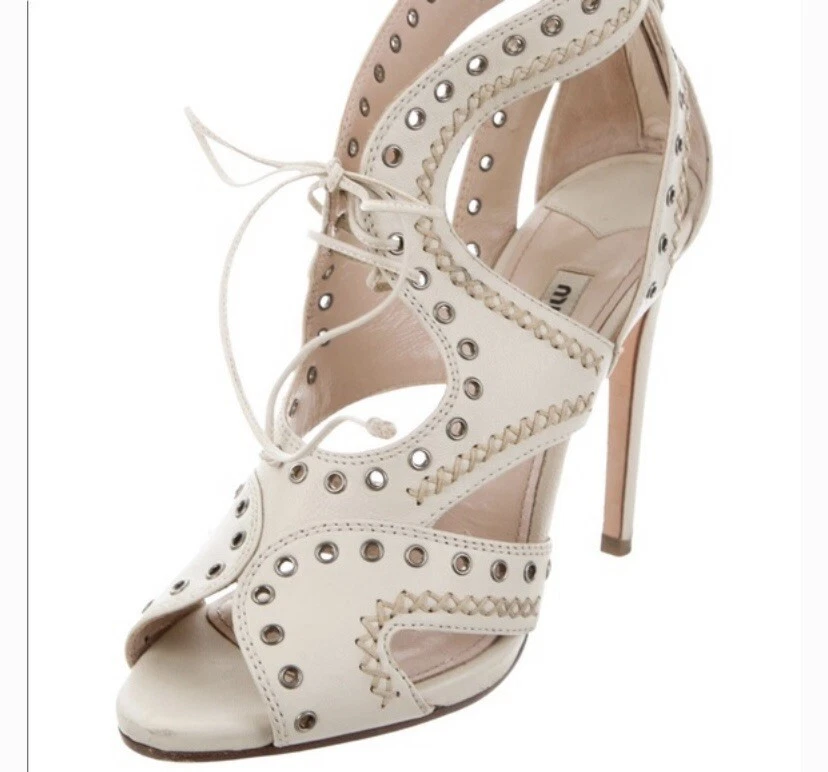 MIU MIU Grommet Lace-Up Heels in Beige Leather-Made in Italy-Size 37/ 6.5 - Image 2 of 4