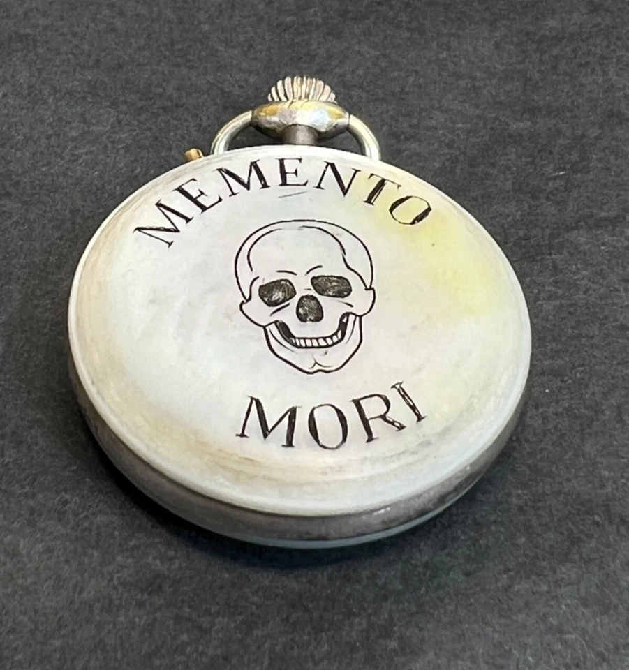 19c. Victorian Memento Mori Skull Small Pocket Watch Mother Of Pearl Case MOP - Image 4 of 4