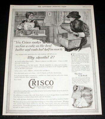 1913 OLD MAGAZINE PRINT AD, CRISCO, FOR FRYING, FOR SHORTENING, FOR CAKE MAKING!