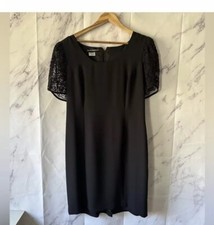 VINTAGE 90s DONNA MORGAN SHORT LACE SLEEVE SHEATH DRESS BLACK WOMENS LARGE