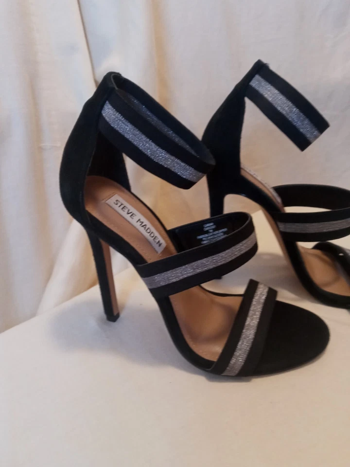 Steve Madden Women’s 7M Black Silver Stripe Stretch Fabric Carina Heels Open Toe - Image 2 of 4
