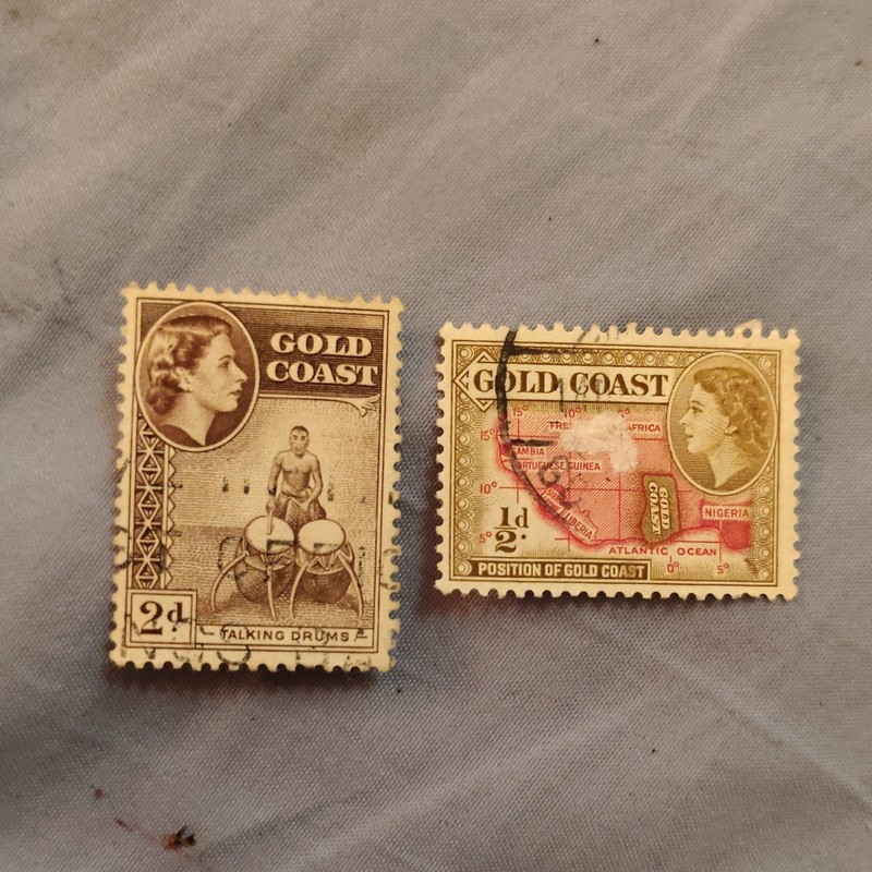 Gold Coast 2d Talking Drums & 1d Map Stamps Brown Red Yellow Handstamped Used