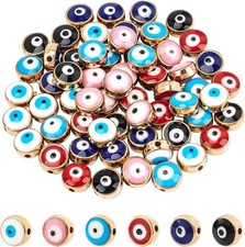 NBEADS 60 Pcs 8mm Acrylic Evil Eye Beads, Flat Round Opaque Gold Plated Evil ...
