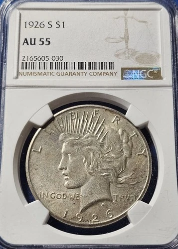 A 1926-S Peace Silver Dollar, NGC AU55