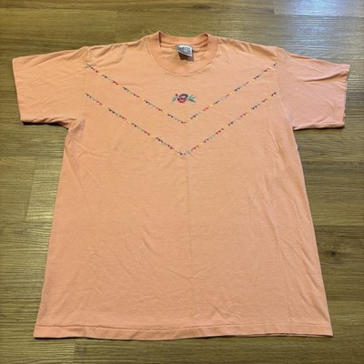 Vintage Oneita T Shirt Large Light Pink Embroidered Floral Single Stitch 80s 90s