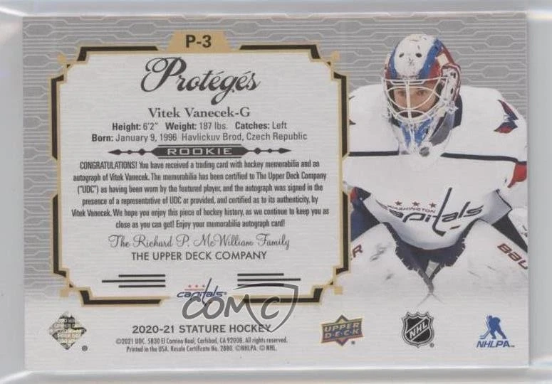 2020 Upper Deck Stature Proteges /24 Vitek Vanecek #P-3 RPA Rookie Patch Auto RC - Image 2 of 2