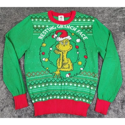 The Grinch Sweater Mens L Green Resting Grinch Face Christmas Pullover Graphic - Image 1 of 3