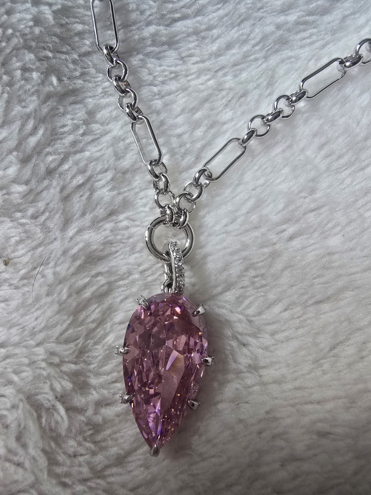 Bomb Party Silver Cable Chain Necklace with Pink Teardrop Charm Pendant  Setting