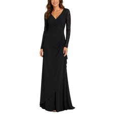 Alex Evenings Black Formal Gown Beaded Lace Long Sleeve A-Line Dress Size 8