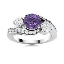 5MM Round Amethyst  White Topaz Three Stone Wedding Ring 925 Sterling Silver