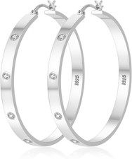 Lightweight Sterling Silver Hoop Earrings for Women 5MM Wide Large Rhinestone