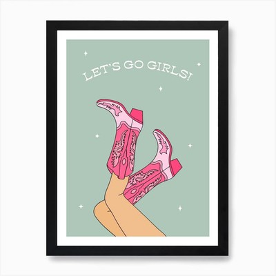 Green Let's Go Girls Cowgirl Art Pr Framed Wall Art Poster Canvas Print Picture