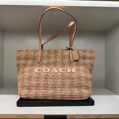 Coach City Tote Bag With Gingham Print  CES22 straw/Gold/Tan
