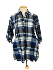 Tulip Tunic Button Up Shirt Blue Plaid Cotton A-Line Back Gathers Pockets SZ XS