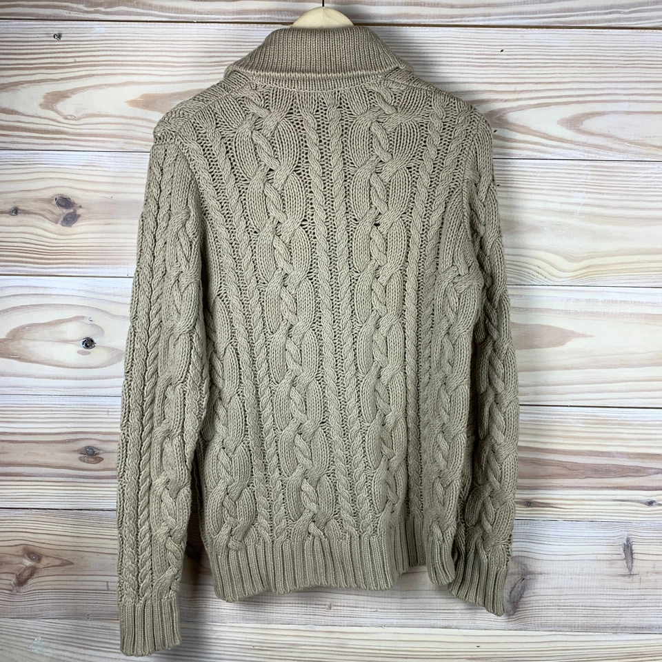 Lands End Cardigan Sweater Women Medium Chunky Cable Tan Shawl Collar Academia - Image 2 of 4