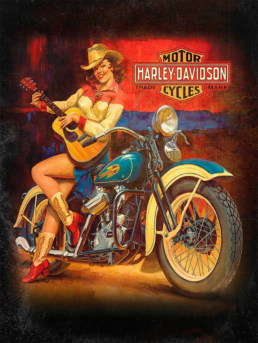 HARLEY DAVIDSON MOTORCYCLES GIRL GUITAR BIKE HEAVY DUTY USA 