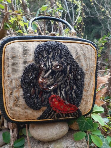 Mid Cent Faye Mell Beaded Needlepoint Wicker Poodle Handbag Fleurette Inc Miami - Picture 4 of 14