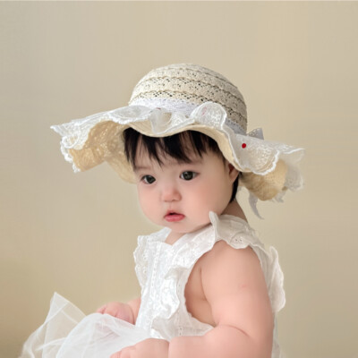 Baby Girls Straw Sun Hat Floppy Wide Brim Lace Bow Beach Cap Bucket Hat |  eBay
