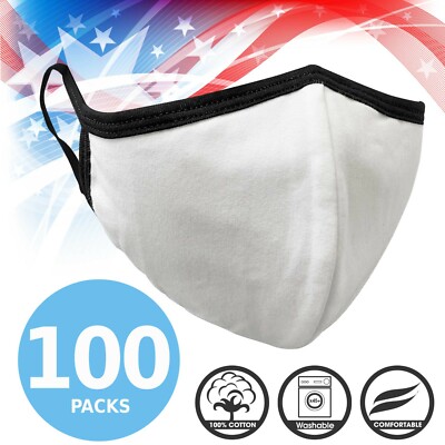 Face Mask Premium White Black Seam Reusable Washable Cotton Mask (Pack of 100)